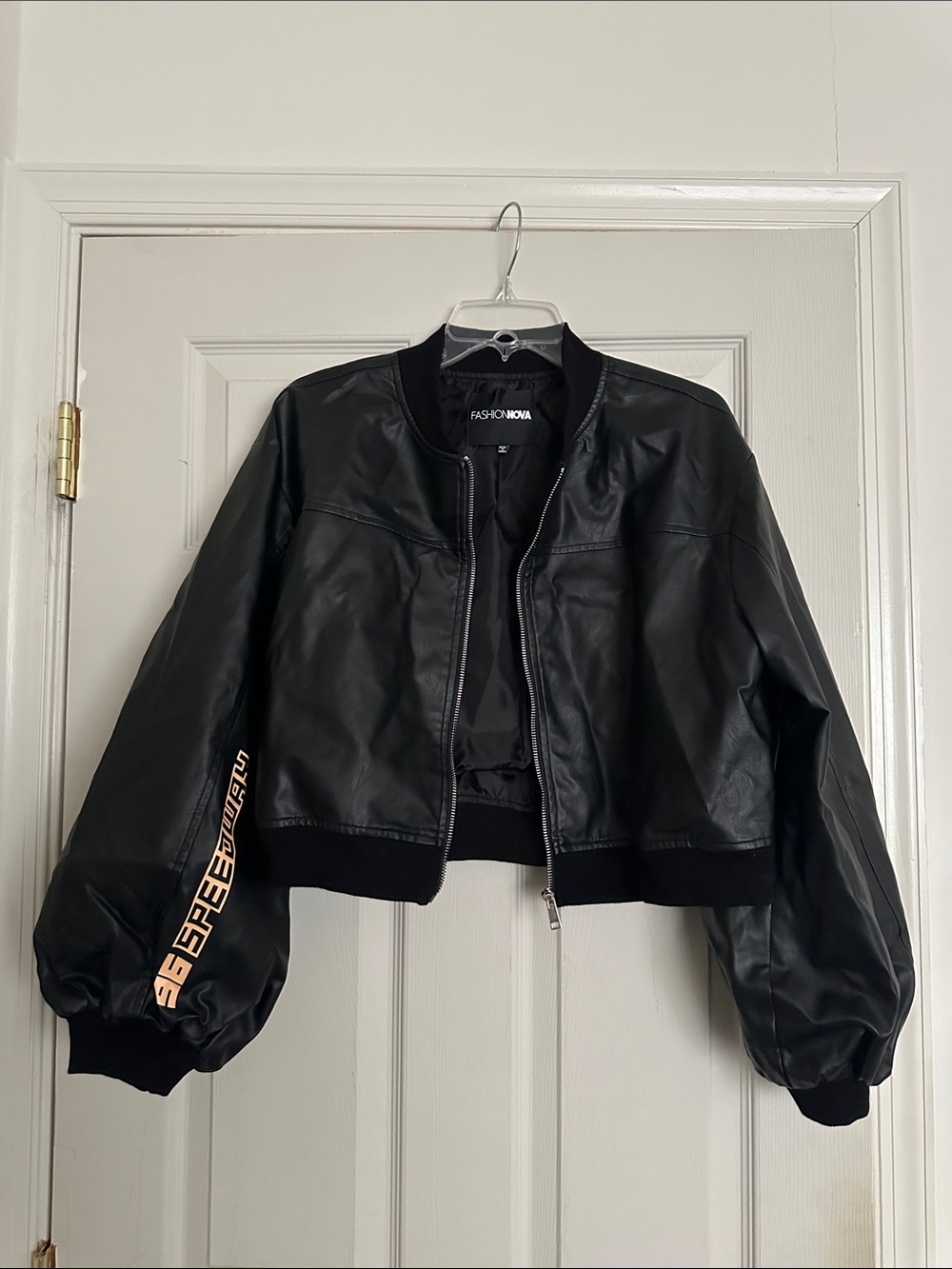 Fashion Nova Black Faux Leather Cropped Bomber Jacket with Speed Graphic Sleeve